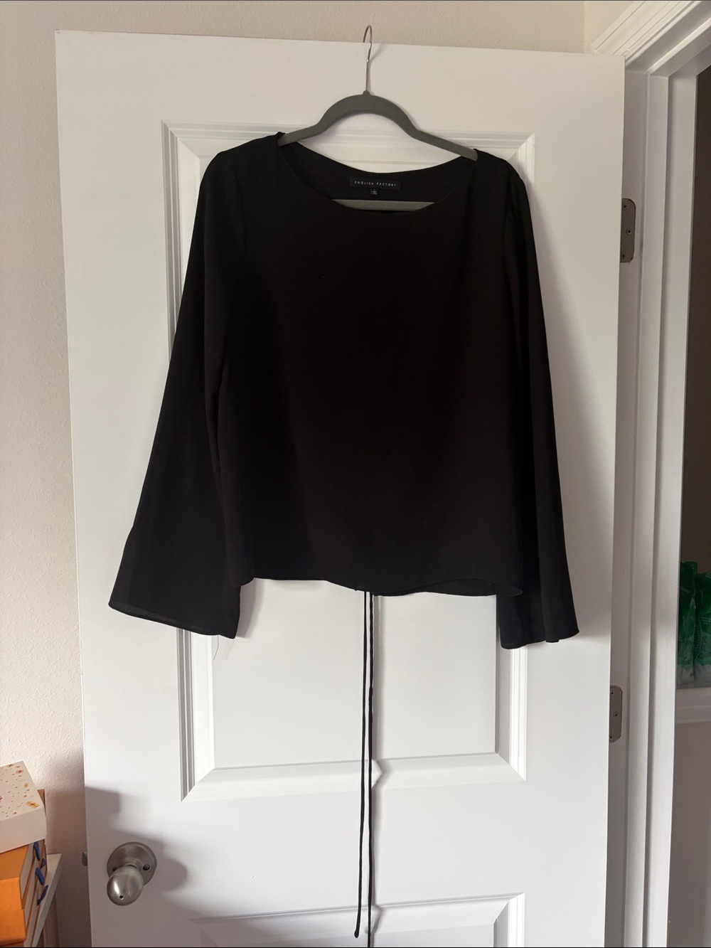 English Factory Black Long-Sleeve Scoop Neck Blouse with Tie
